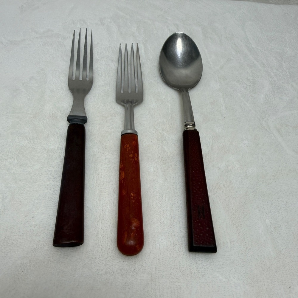 VTG Bakelite Flatware Set 3pc Tapered Brown Orange‎ Handles Forks Spoon *AS IS*